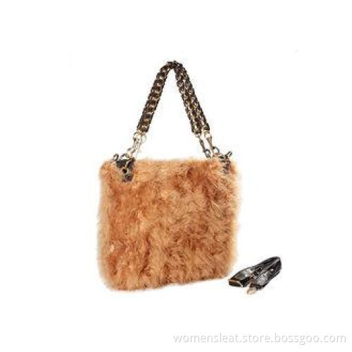 Apricot Ostrich Hair Brown Leather Shoulder Bag with Two Sh